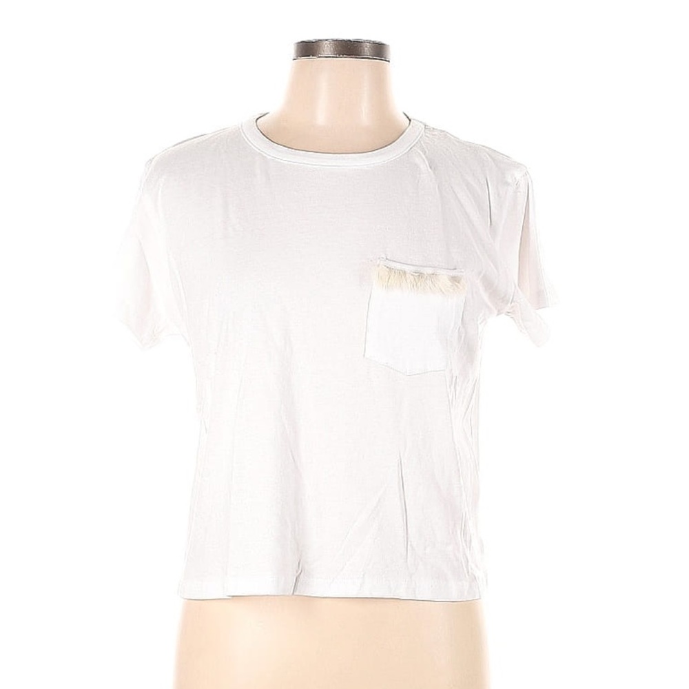 LIANA White Tee with Rabbit Fur Trim Chest Pocket